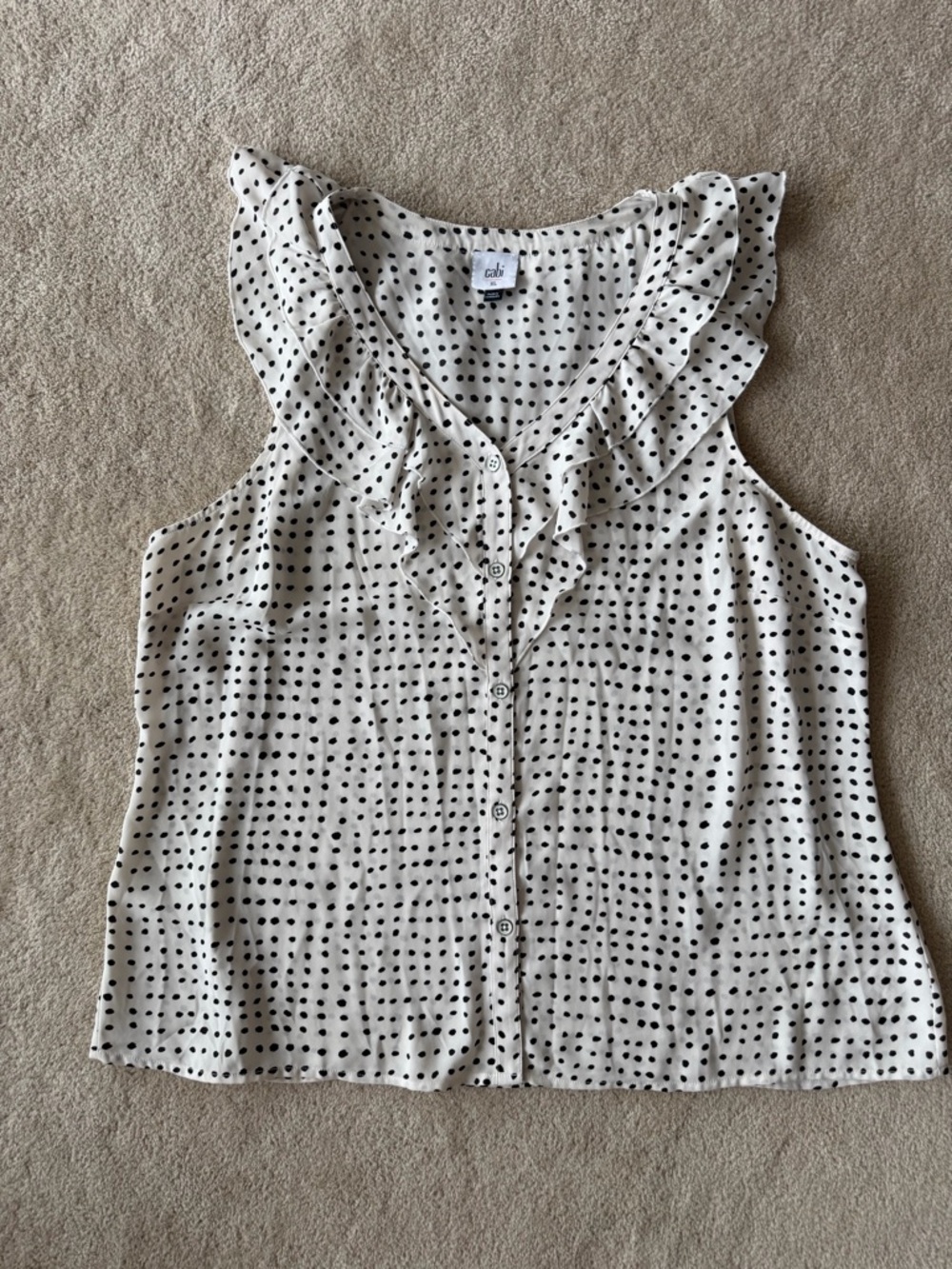 CAbi White Sleeveless Polka Dot Ruffle Button-Front Top